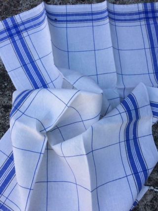 Vintage French Pure Linen Torchon Tea Towel Blue Stripes Exc