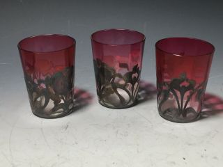 Set Of 3 Art Nouveau Cranberry Glass Silver Overlay Shot Glasses