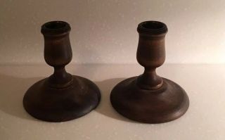 Set Of 2 Vintage Antique Wood Wooden Primitive Candlestick Candle Holders