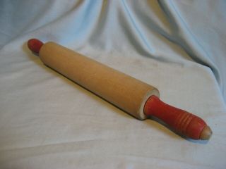 Antique Vintage Wooden Wood 17 " Rolling Pin With Red Stained Handles