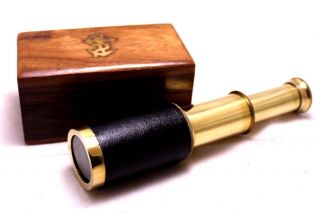 6 " Nautical Marine Leather Stitched Solid Brass Spyglass/telescope In Wooden Box