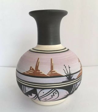 Bud Vase Desert Scene Southwest Signed Ann Navajo Purple Black Pottery 7 X 6