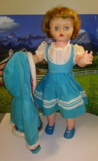 Vintage Doll 21 " Soft Vinyl Jointed Girl Aqua Dress Coat With Faux Fur Trim Shoe