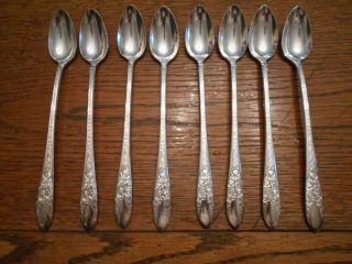 8 National Silver Co 1937 Rose & Leaf Pattern Iced Tea Spoons Silverplate