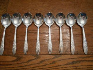 8 National Silver Co.  1937 Rose & Leaf Round Gumbo Soup Spoons Silverplate