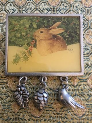 Signed Marjolein Bastin Bunny Rabbit Pin Brooch Pinecone Bird Dangle 224/21