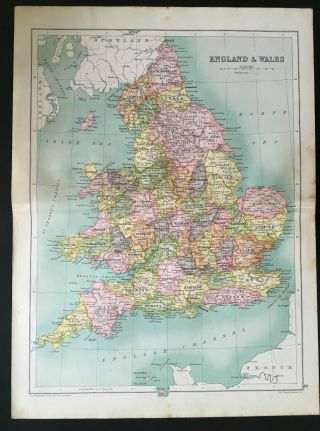 Antique Map Of England & Wales 1910 John Bartholomew & Co