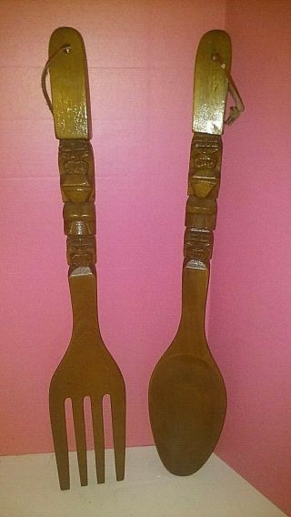 Vintage Fork And Spoon Carved Tiki Wood Kitchen Wall Decor Hanging