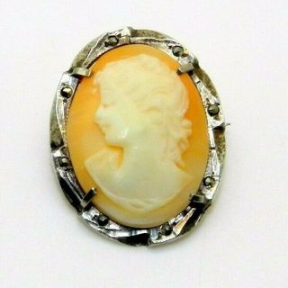 Antique 900 Sterling Silver Marcasite Cameo Shell Brooch Pin 1 " X.  75 "