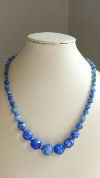 Czech Antique Art Deco Blue Swirled Faceted Glass Bead Necklace