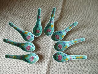 8x Vintage Chinese Porcelain Spoon With Hand - Painted Floral Pattern C1960
