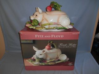 Fitz & Floyd French Market Pig Hog Figural Tureen W/ladel & Platter 830224