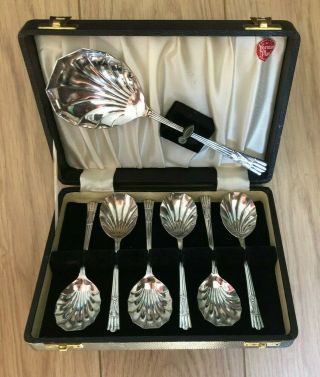 Boxed Set 6 Vintage Silver Plate Dessert Spoons With Serving Spoon.  Yeoman Plate