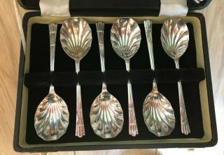 Boxed Set 6 Vintage Silver Plate Dessert Spoons with Serving Spoon.  Yeoman Plate 2