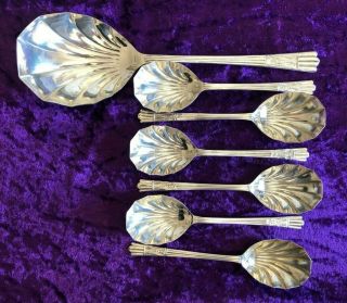 Boxed Set 6 Vintage Silver Plate Dessert Spoons with Serving Spoon.  Yeoman Plate 4