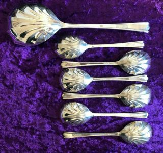 Boxed Set 6 Vintage Silver Plate Dessert Spoons with Serving Spoon.  Yeoman Plate 5