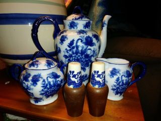 Blue And White Teapot With Creamer And Sugar,  Matching Salt And Pepper Shakers