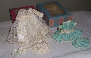 2 Vintage Vogue Ginny Doll Dresses Wedding Gown & Green Dress Matching Panties