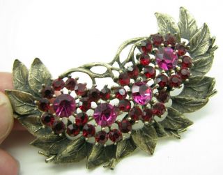 Vintage Antique Gold Tone Brooch Pin Pink/red Rhinestones Leaves Garland Cluster
