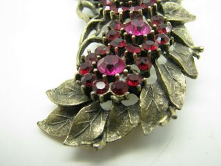 Vintage ANTIQUE GOLD TONE Brooch Pin PINK/RED RHINESTONES Leaves GARLAND CLUSTER 2