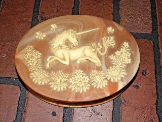 Vintage Pink Unicorn Large Incolay Stone Oval Hinged Jewelry Box Retro Great Wow