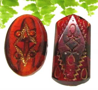 2 Victorian Ruby Red Glass Buttons W/ Incised Gold Design A60