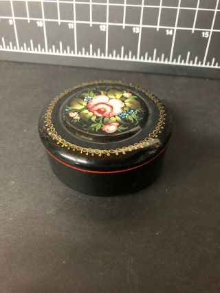 Vintage Black And Red Lacquer Trinket Box 2.  5” Hand Painted Flowers