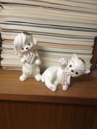Vintage Porcelain Dog And Cat With Merry Christmas Sign Angel Wings