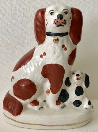 Antique 19th Century English Staffordshire Pottery Spaniel Dog And Puppy Figure