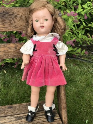 Vintage 17 " Composition Doll With Pink Dress Brown Ringlet Curly Hair Jointed