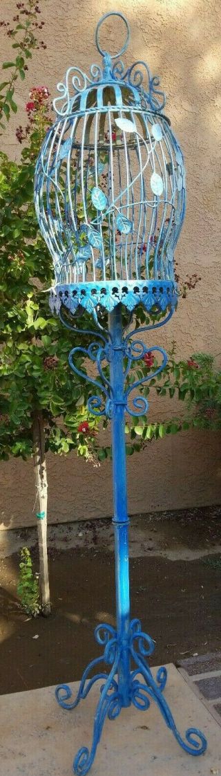 Vintage Wrought Iron Bird Cage Birdcage Blue Shabby Chic 62 " Tall 14 " Wide