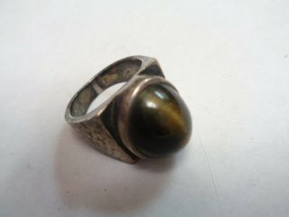 Antique Heavy Hand Made Hammered Silver Sterling ? Tigers Eye Stone Ring Size 9
