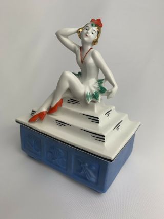 Exquisite Vintage Art Deco German Porcelain Cigarette Trinket Box Flapper Dancer