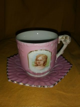 Pink Tea Cup And Six - Sided Saucer Girl Portrait
