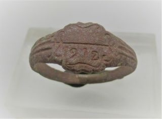 Lovely Post Medieval Bronze Signet Ring With Decorated Bezel 