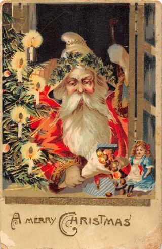 A Merry Chistmas View Of Santa By Tree With Toys Antique Pc Za440046