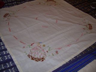 Small Tablecloth With Embroidered Crinoline Ladies.  33 " Square.