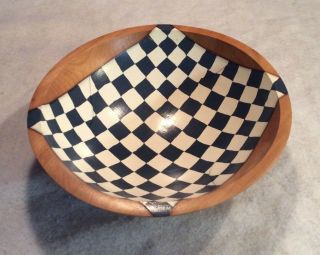 Hand Painted Wooden Bowl Mel Hutton 1993 Navy Blue And White Check 11 - 3/4 " Dia.