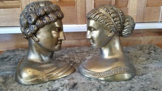 Old Vintage Cast Metal Greek Bust Head Bookends Brass Man & Woman