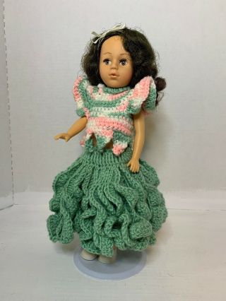 Vintage 12” Fiber Craft Doll Hand Crochet Green,  Pink And White Dress