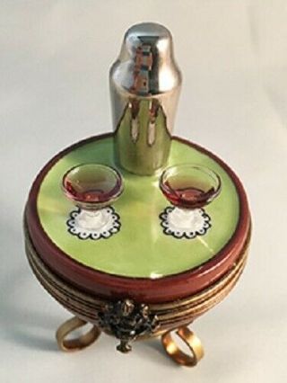 Vintage Porcelain Limoges Box A Votre Sante Shaker W/2 Drinks On Green Table