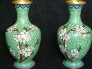 Cloisonné Vases Green Pink Cherry Flowers - Z4