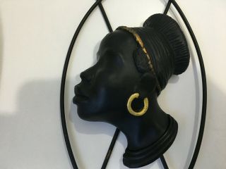 Vintage Chalkware Americana African Lady Head/Bust Wall Hanging On Wire Shield F 5