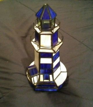 Vintage Lighthouse Has Cobalt Blue & White Stained Glass.  9 " Tall