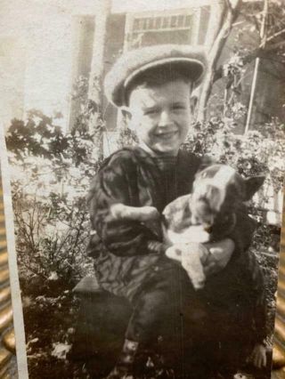 Vintage Antique Snapshot Photo Cute Little Boy With Puppy Dog Boston Terrier