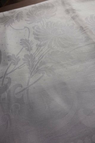 Vintage 7ft White Irish Linen Damask Tablecloth - Chrysanthemums.  84 " X 68 ".