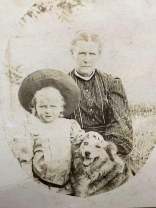 Vintage Antique Snapshot Photo Postcard Little Girl Hat Dog Old Woman