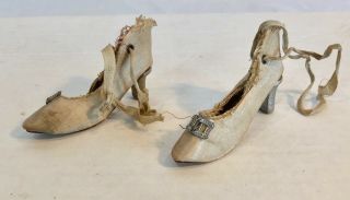 Interesting Vintage High Heel Satin Shoes With Ribbon Ties - As Found