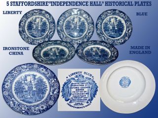 5 Independence Hall Collectable Staffordshire Plates Liberty Blue Historic Scene