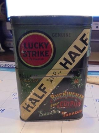 Antique Lucky Strike Half Half Buckingham Tin Litho Vertical Pocket Tobacco Can